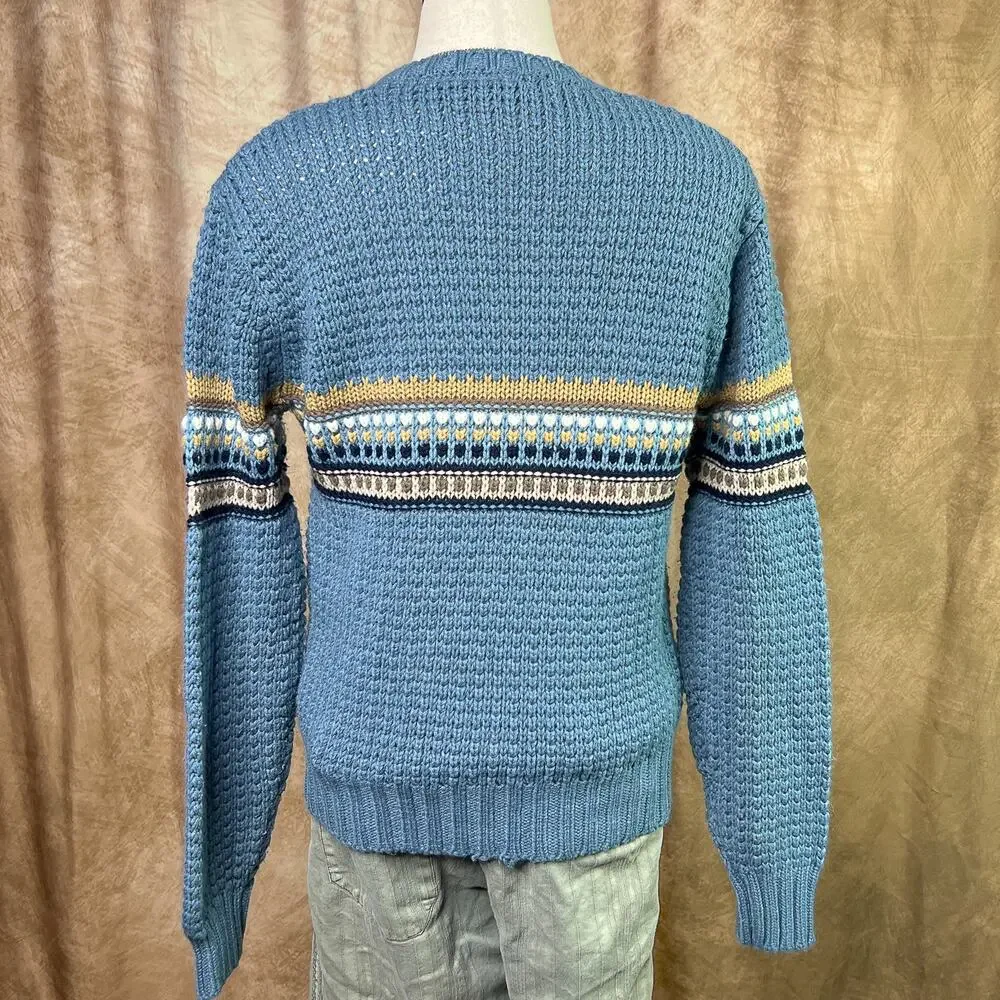 Vintage Striped Sweater 80s Knit V Neck Long Sleeve Blue Retro Fall Academia
